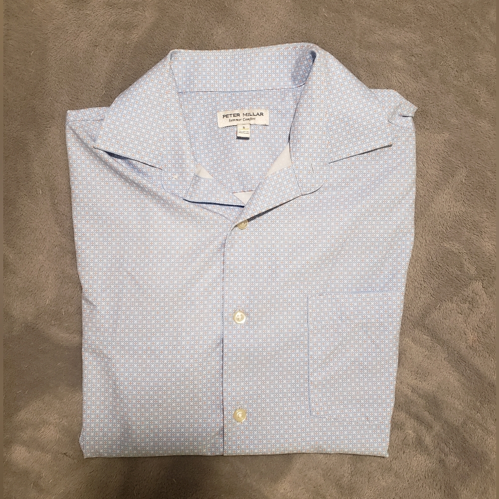 Peter Millar Summer Comfort - Blue Geometric Short Sleeve Button Up - Size: S - Picture 4 of 4
